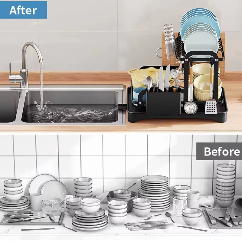 New 360° Rotating Storage Rack Double-Layer Kitchen Tableware Drying Rack with Drain Tableware Storage Rack for Tableware