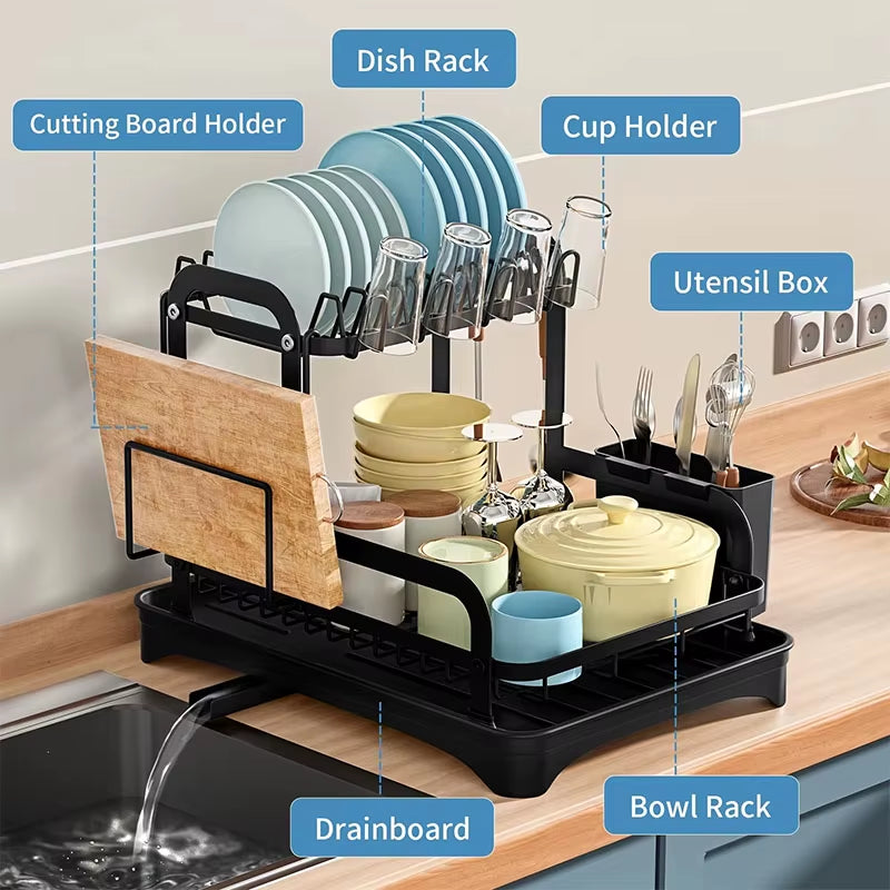 New 360° Rotating Storage Rack Double-Layer Kitchen Tableware Drying Rack with Drain Tableware Storage Rack for Tableware