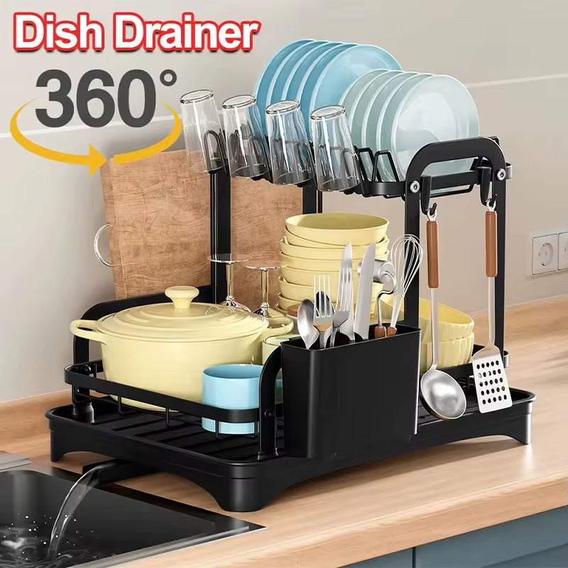 New 360° Rotating Storage Rack Double-Layer Kitchen Tableware Drying Rack with Drain Tableware Storage Rack for Tableware