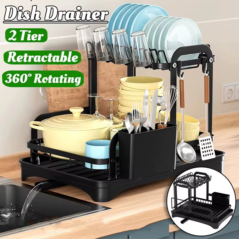 New 360° Rotating Storage Rack Double-Layer Kitchen Tableware Drying Rack with Drain Tableware Storage Rack for Tableware