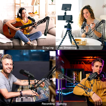 Professional USB Streaming Podcast PC Microphone Studio Cardioid Condenser Mic Kit with Boom Arm for Recording Youtube