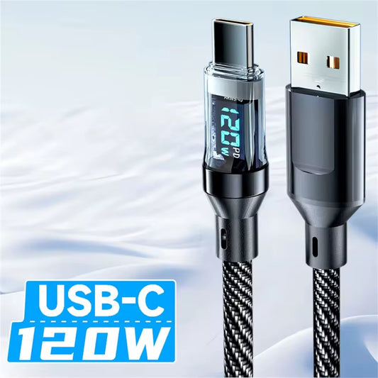 120W Type C to Type C Cable Phone Super Fast Charging Cable with LED Display USB to Type-C Data Cord for Huawei Oppo Vivo