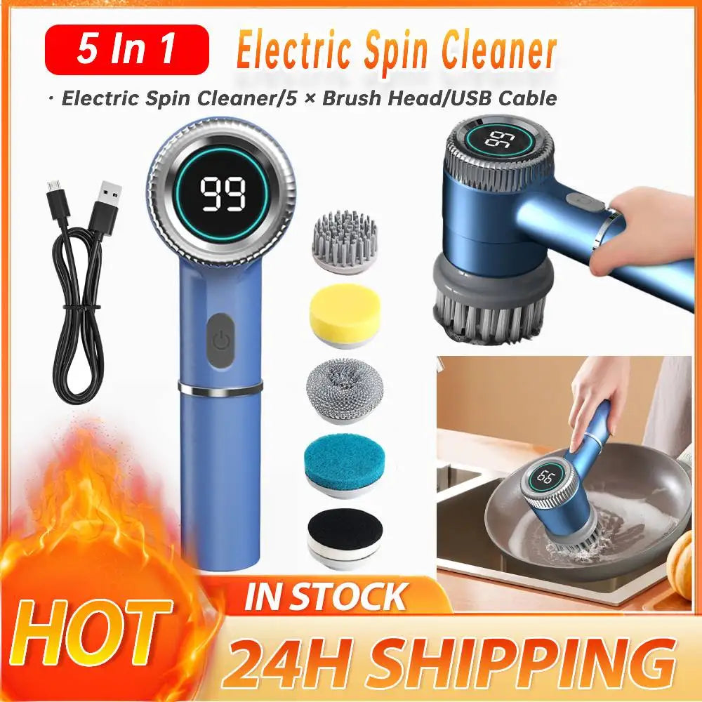 5 in 1 Kitchen Cleaning Brush USB Charging Portable Electric Scrubber Tools with 5 Replaceable Brush Heads for Kitchen Bathroom