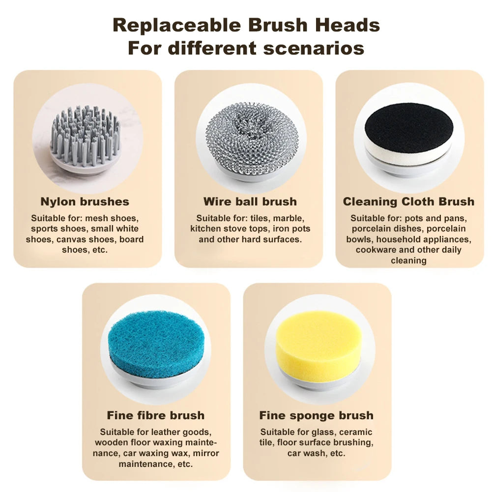 5 in 1 Kitchen Cleaning Brush USB Charging Portable Electric Scrubber Tools with 5 Replaceable Brush Heads for Kitchen Bathroom