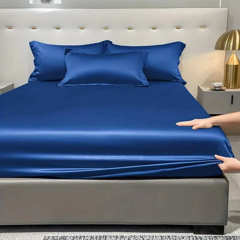 1 Simple Modern Satin Solid Color Fitted Sheet, Solid Color Ice Silk Bedspread for Bedroom, Bedding (Excluding Pillowcases)