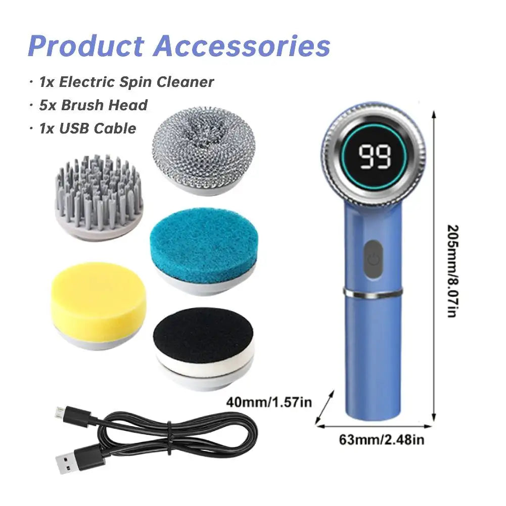 5 in 1 Kitchen Cleaning Brush USB Charging Portable Electric Scrubber Tools with 5 Replaceable Brush Heads for Kitchen Bathroom